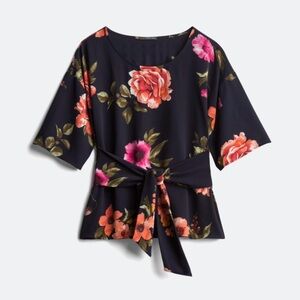 West Kei Floral Tie Front Black Top with Pink and Orange Accents - Size L - EUC